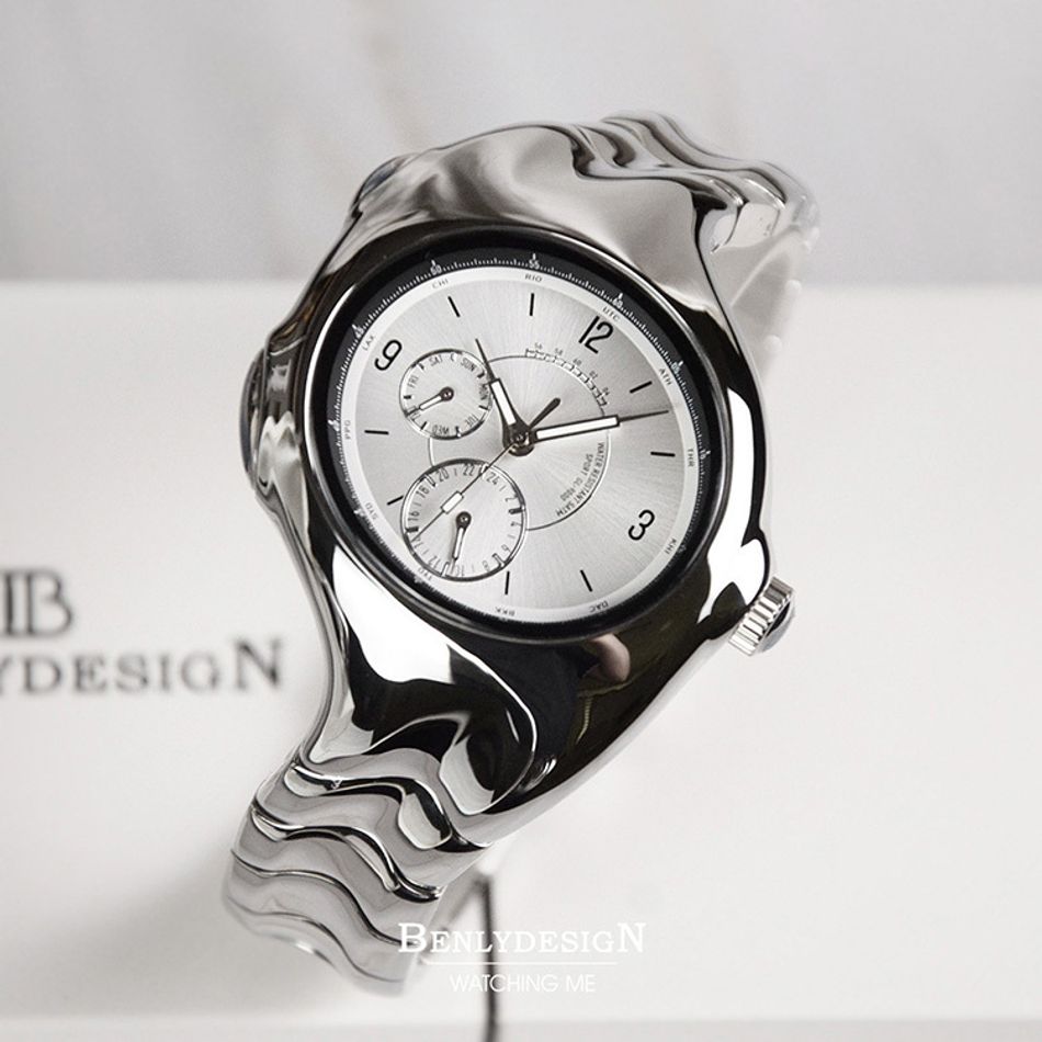 Benlydesign｜GL9000型 GL9000-W｜銀面銀框款 指針式數字 不鏽鋼錶帶石瑛錶正面俯視