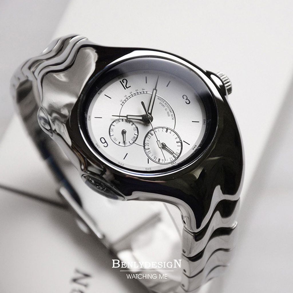 Benlydesign｜GL9000型 GL9000-W｜銀面銀框款 指針式數字 不鏽鋼錶帶石瑛錶側面