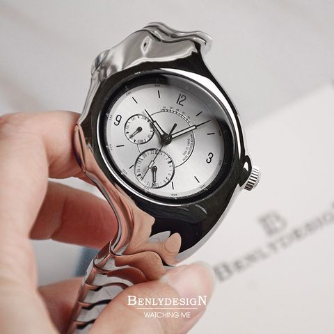 Benlydesign｜GL9000型 GL9000-W｜銀面銀框款 指針式數字 不鏽鋼錶帶石瑛錶正面細節