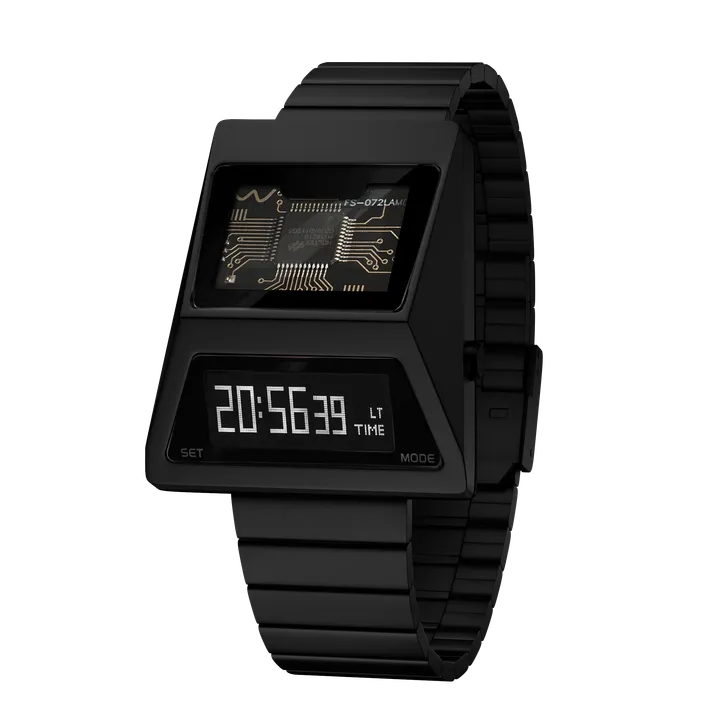Benlydesign ｜CYBER WATCH S3000型 S3000B-C ｜黑色白字款  多功能OLED顯示器 不鏽鋼錶帶電子錶正面