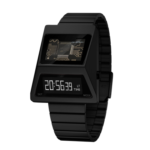 Benlydesign ｜CYBER WATCH S3000型 S3000B-C ｜黑色白字款  多功能OLED顯示器 不鏽鋼錶帶電子錶正面