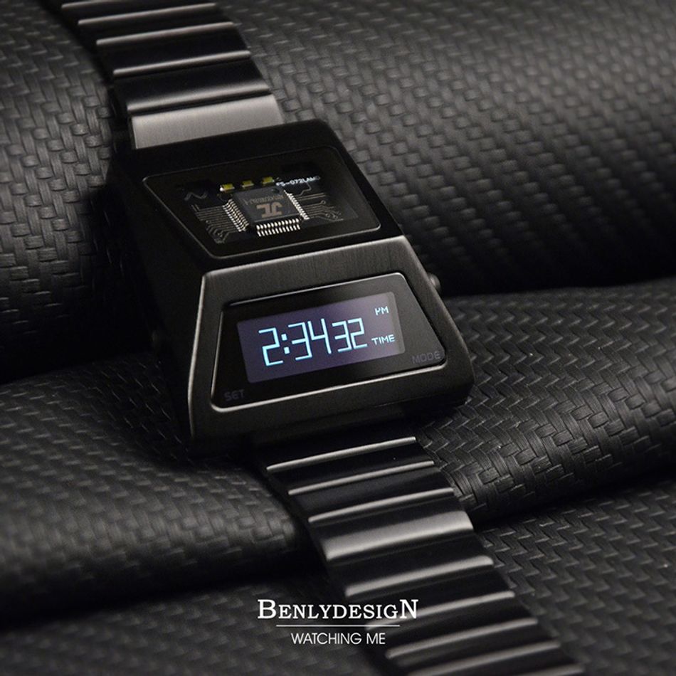 Benlydesign ｜CYBER WATCH S3000型 S3000B-C ｜黑色白字款  多功能OLED顯示器 不鏽鋼錶帶電子錶側面細節