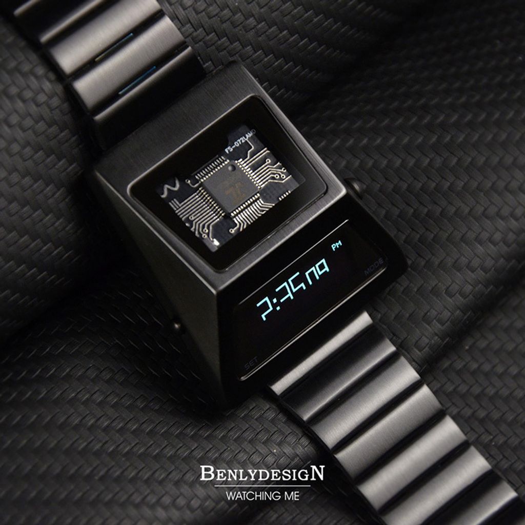 Benlydesign ｜CYBER WATCH S3000型 S3000B-C ｜黑色白字款  多功能OLED顯示器 不鏽鋼錶帶電子錶正面細節