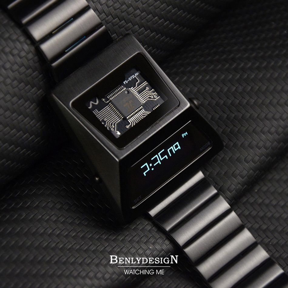 Benlydesign ｜CYBER WATCH S3000型 S3000B-C ｜黑色白字款  多功能OLED顯示器 不鏽鋼錶帶電子錶正面細節