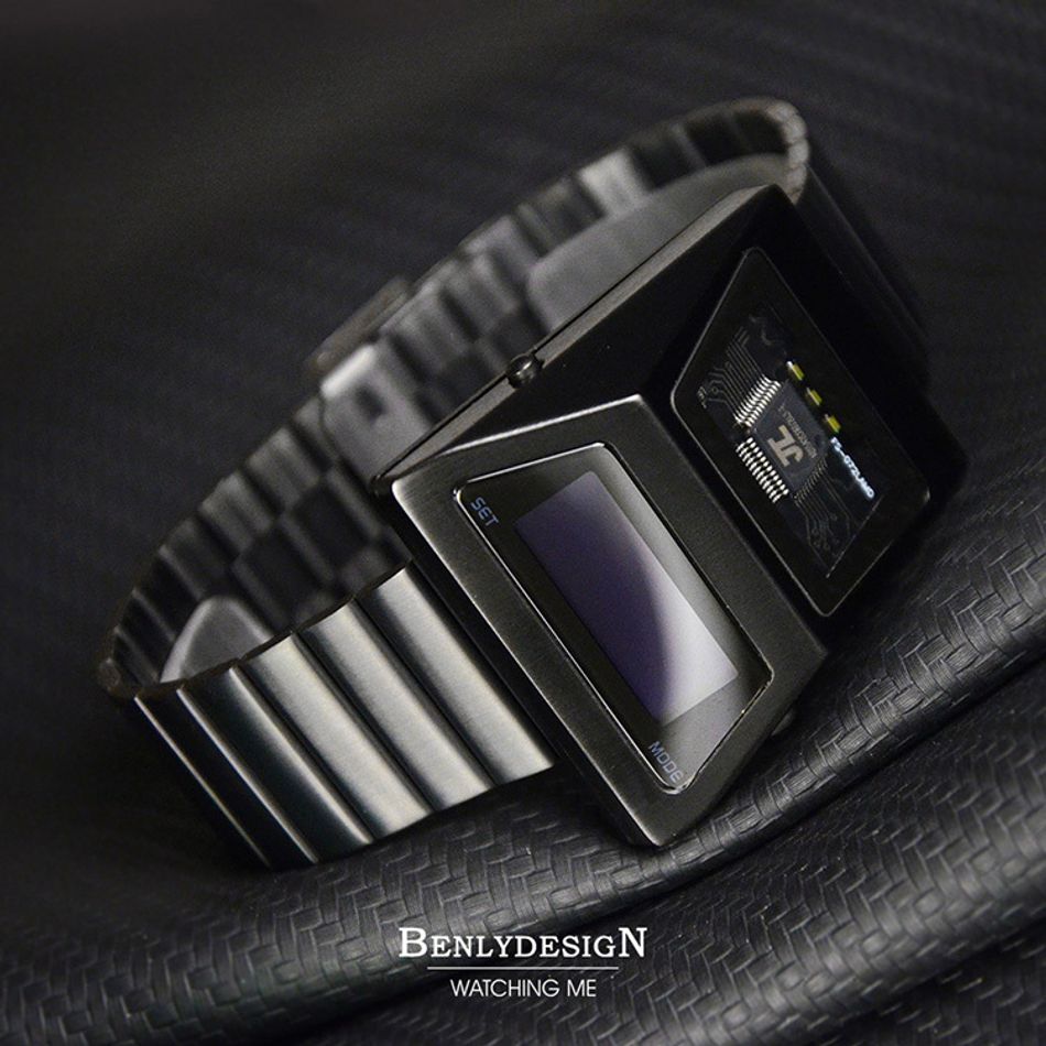 Benlydesign ｜CYBER WATCH S3000型 S3000B-C ｜黑色白字款  多功能OLED顯示器 不鏽鋼錶帶電子錶橫躺