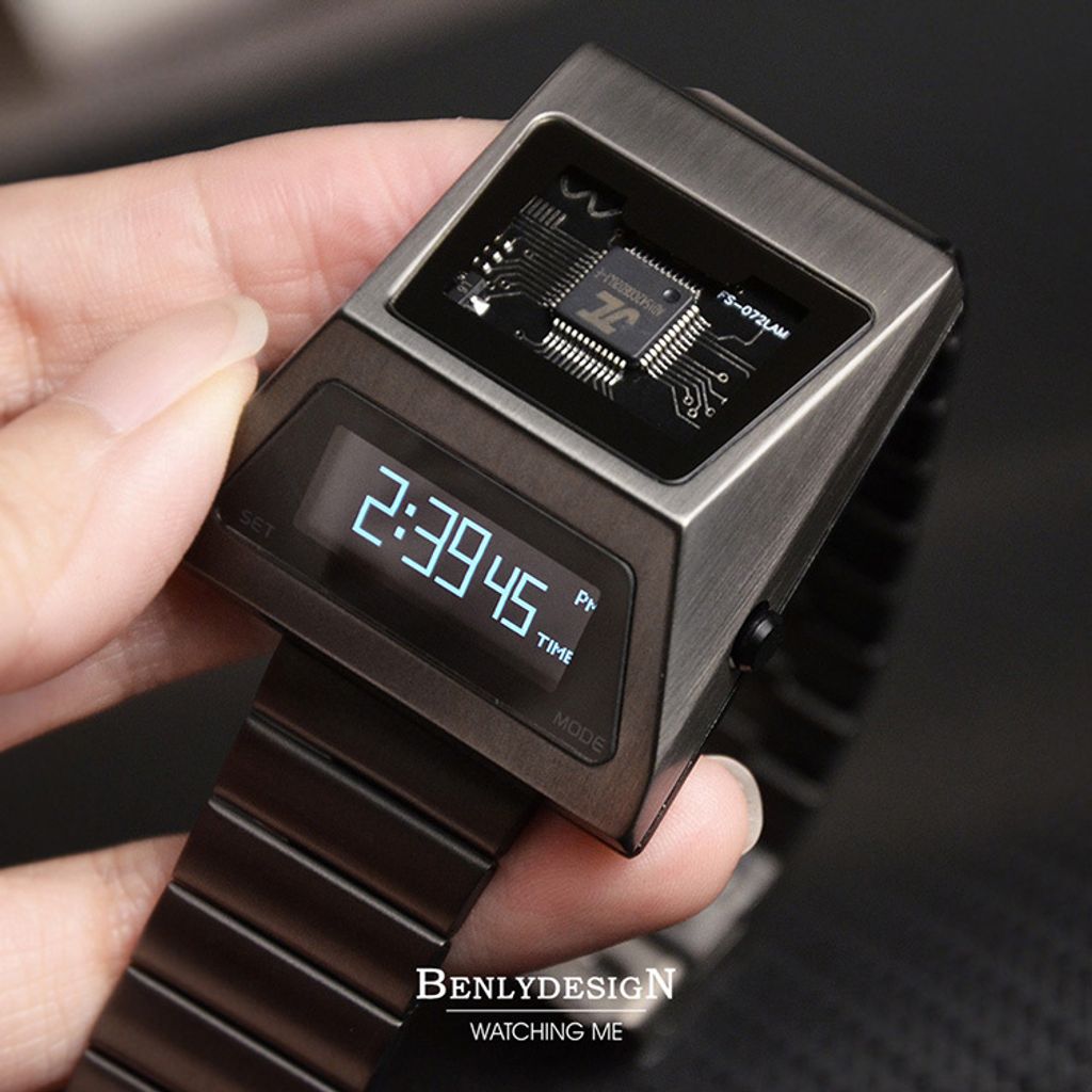 Benlydesign ｜CYBER WATCH S3000型 S3000GA-C｜鐵灰色白字款  多功能OLED顯示器 不鏽鋼錶帶電子錶側面細節