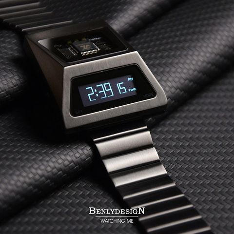 Benlydesign ｜CYBER WATCH S3000型 S3000GA-C｜鐵灰色白字款  多功能OLED顯示器 不鏽鋼錶帶電子錶側面細節
