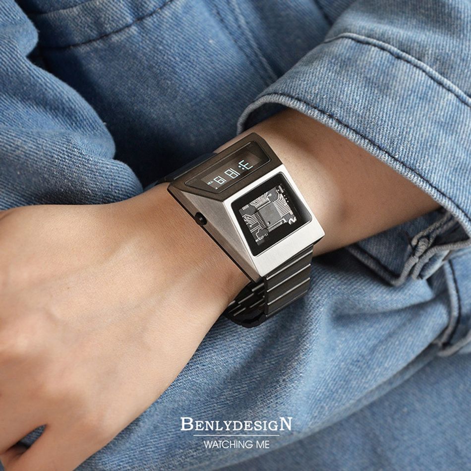 Benlydesign ｜CYBER WATCH S3000型 S3000GA-C｜鐵灰色白字款  多功能OLED顯示器 不鏽鋼錶帶電子錶配戴