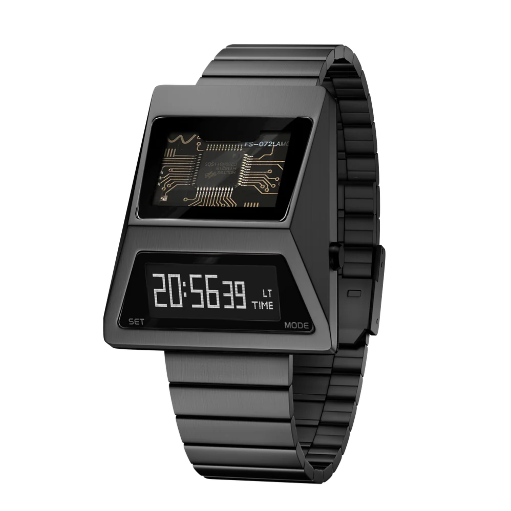 Benlydesign ｜CYBER WATCH S3000型 S3000GA-C｜鐵灰色白字款  多功能OLED顯示器 不鏽鋼錶帶電子錶正面