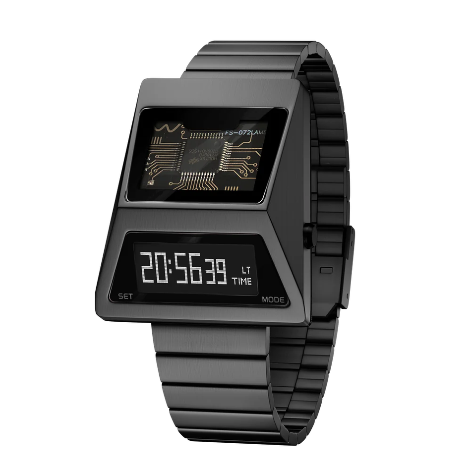 Benlydesign ｜CYBER WATCH S3000型 S3000GA-C｜鐵灰色白字款  多功能OLED顯示器 不鏽鋼錶帶電子錶正面
