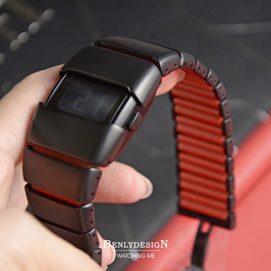 Benlydesign｜X6000型 X6000BR｜黑+紅色款 多功能不鏽鋼錶帶電子錶側面