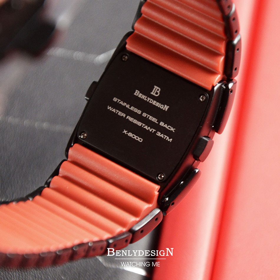 Benlydesign｜X6000型 X6000BR｜黑+紅色款 多功能不鏽鋼錶帶電子錶背面