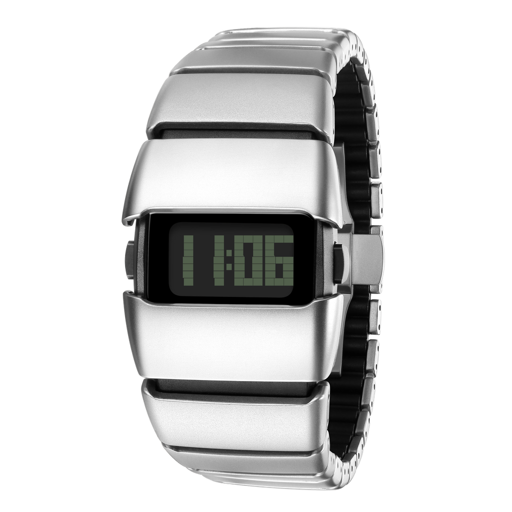 Benlydesign｜X6000型 X6000S-M｜銀色款 多功能不鏽鋼錶帶電子錶正面