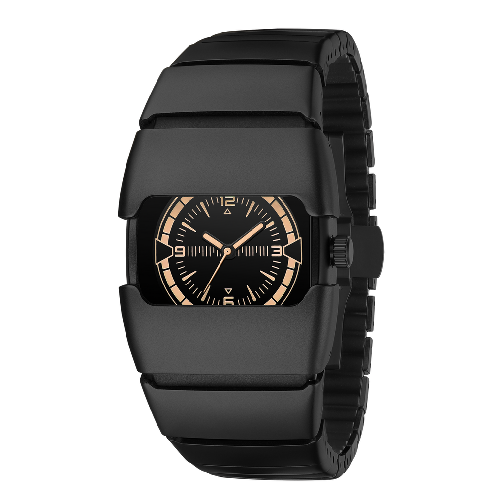 Benlydesign｜Lumin系列 L700B-O｜黑色款 薑黃色刻度 不鏽鋼錶帶石英錶正面