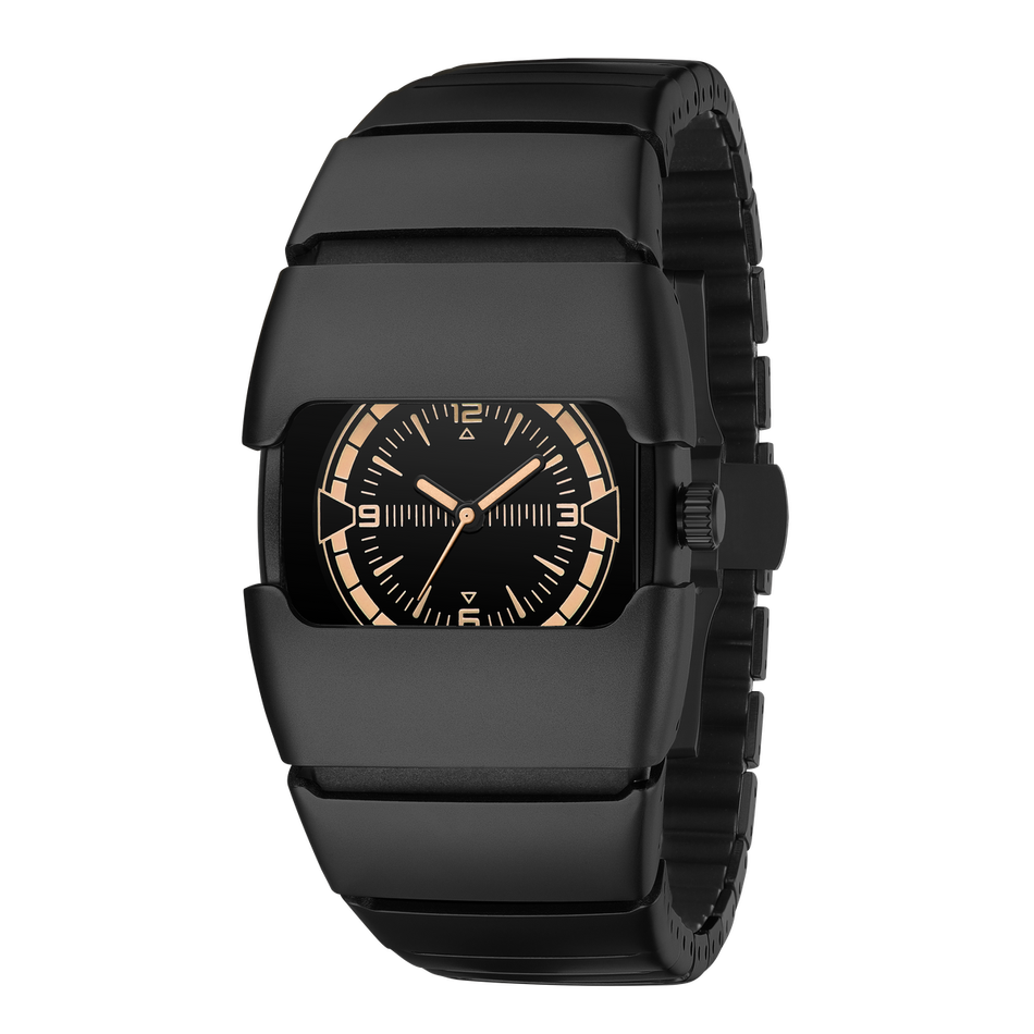 Benlydesign｜Lumin系列 L700B-O｜黑色款 薑黃色刻度 不鏽鋼錶帶石英錶正面