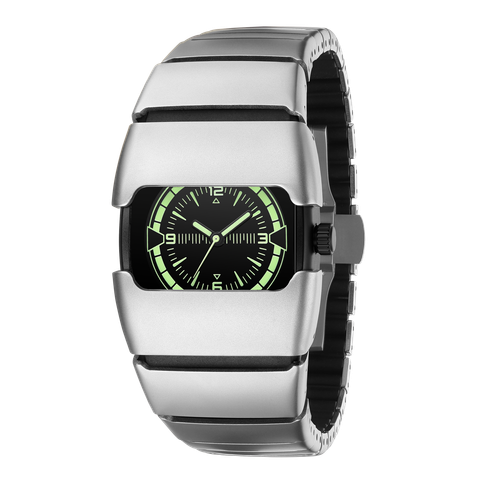 Benlydesign｜Lumin系列 L700S-M-G｜ 銀色款 綠色刻度 不鏽鋼錶帶石英錶正面