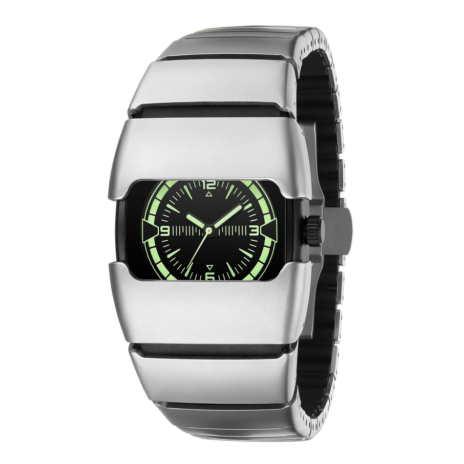 Benlydesign｜Lumin系列 L700S-M-G｜ 銀色款 綠色刻度 不鏽鋼錶帶石英錶正面