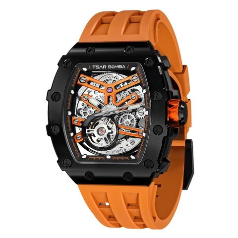 Tsar Bomba 機械公爵 | 元素系列 TB8208A-10 | 自動上鍊 黑框 橘色矽膠錶帶 機械錶側面