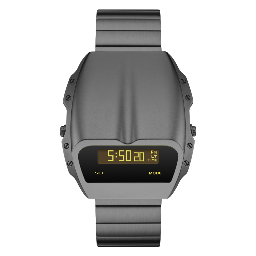 Benlydesign ｜ Gladiator角鬥士系列 X7000GREY-Y2 ｜鐵灰色黃字款 不鏽鋼錶帶 多功能電子錶正面