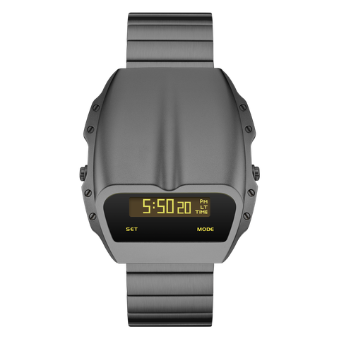 Benlydesign ｜ Gladiator角鬥士系列 X7000GREY-Y2 ｜鐵灰色黃字款 不鏽鋼錶帶 多功能電子錶正面