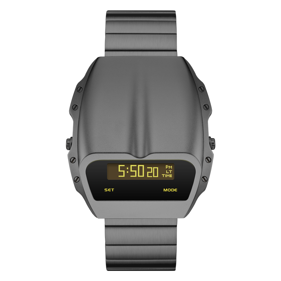 Benlydesign ｜ Gladiator角鬥士系列 X7000GREY-Y2 ｜鐵灰色黃字款 不鏽鋼錶帶 多功能電子錶正面