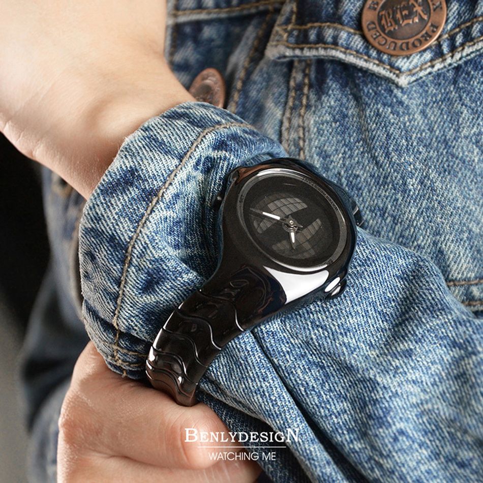 Benlydesign｜GL570型 GL570-Black｜黑色款 指針+電子螢幕顯示 多種跳動模式 不鏽鋼錶帶實戴展示