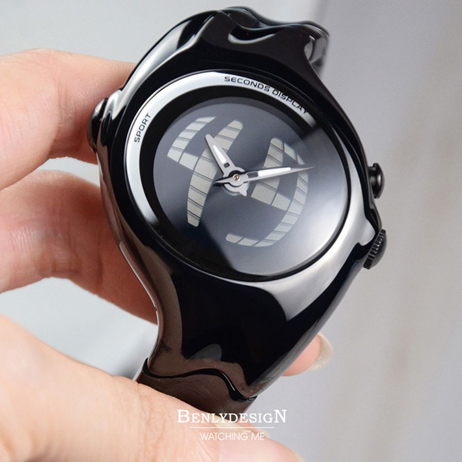 Benlydesign｜GL570型 GL570-Black｜黑色款 指針+電子螢幕顯示 多種跳動模式 不鏽鋼錶帶正面展示