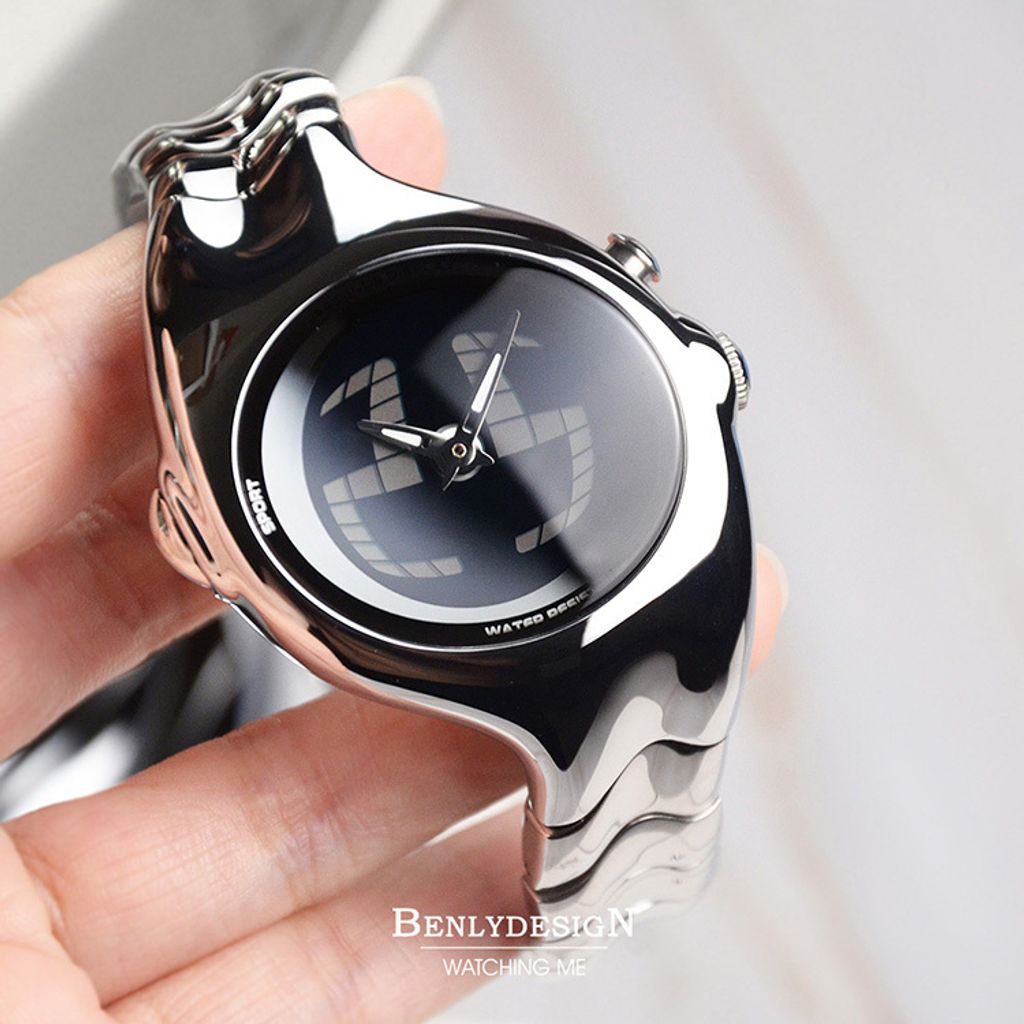 Benlydesign｜GL570型 GL570S-S｜銀色款 指針+電子螢幕顯示 多種跳動模式 不鏽鋼錶帶正面展示