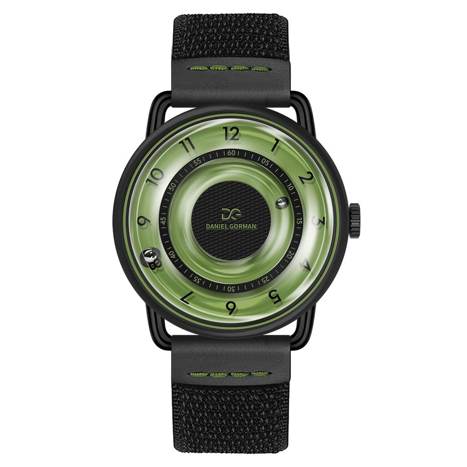 DANIEL GORMAN ｜DGY000KG｜綠色透明面 磁吸指針 黑色框 黑色鬆緊+皮革錶帶正面