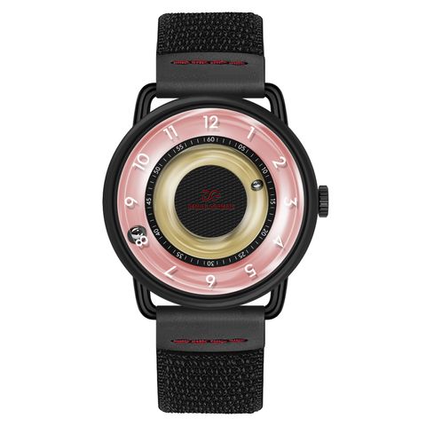 DANIEL GORMAN ｜DGY000KP｜粉黃色透明面 磁吸指針 黑色框 黑色鬆緊+皮革錶帶正面