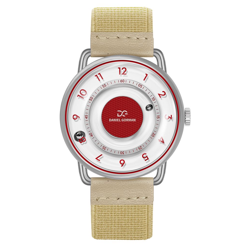 DANIEL GORMAN ｜DGY000RW｜白色透明面 紅色刻度 磁吸指針 銀色框 卡其色鬆緊+皮革錶帶正面