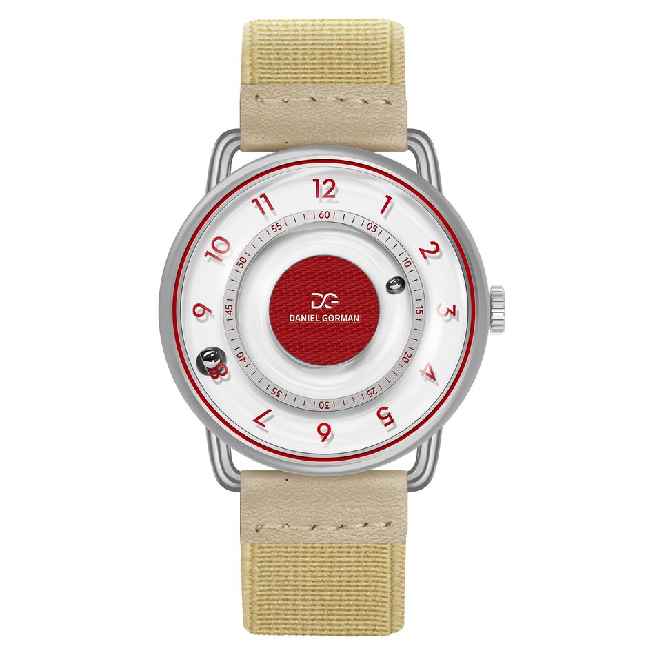 DANIEL GORMAN ｜DGY000RW｜白色透明面 紅色刻度 磁吸指針 銀色框 卡其色鬆緊+皮革錶帶正面