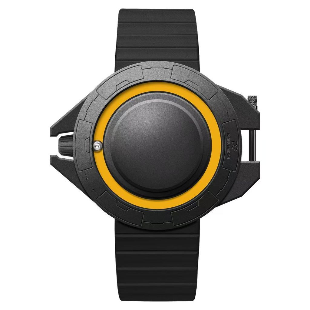 DANIEL GORMAN ｜DG0133KY｜黑+黃 磁吸指針 滑蓋宇宙太空船造型 矽膠錶帶正面