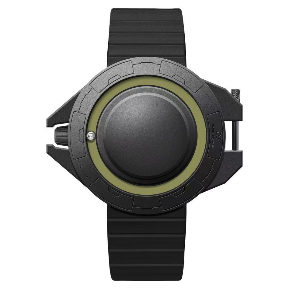 DANIEL GORMAN ｜DG0133KG｜黑+綠 磁吸指針 滑蓋宇宙太空船造型 矽膠錶帶正面