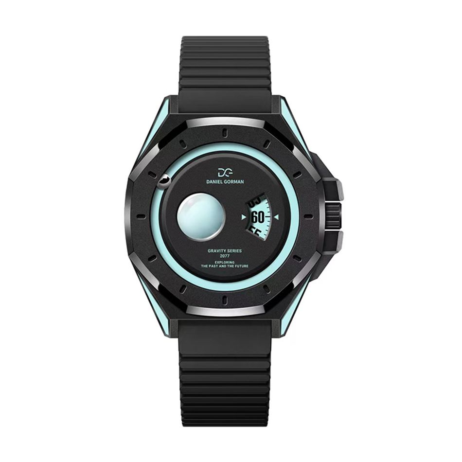 DANIEL GORMAN ｜萬有引力系列 DG0132KU ｜天王星款 水藍色+黑色框 黑色矽膠錶帶正面