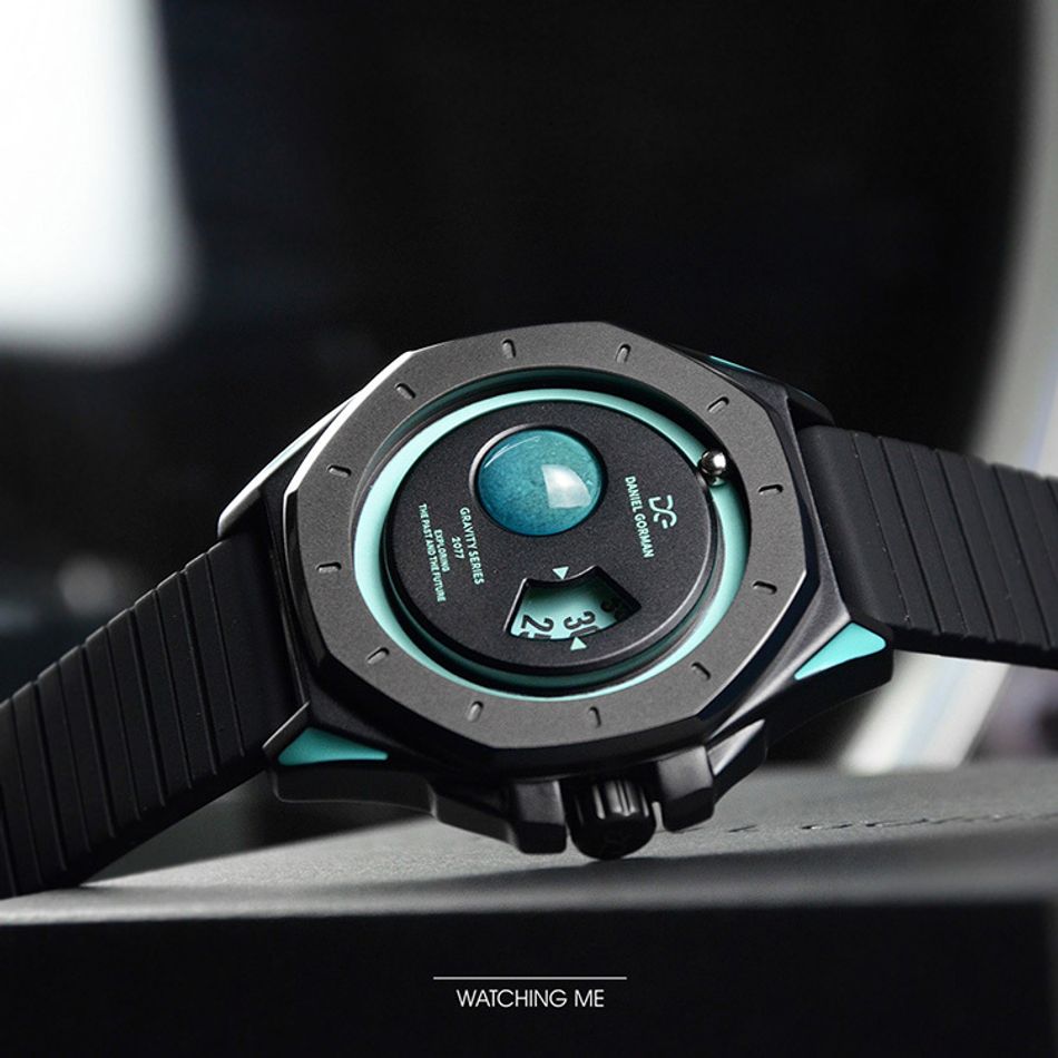 DANIEL GORMAN ｜萬有引力系列 DG0132KU ｜天王星款 水藍色+黑色框 黑色矽膠錶帶橫躺展示