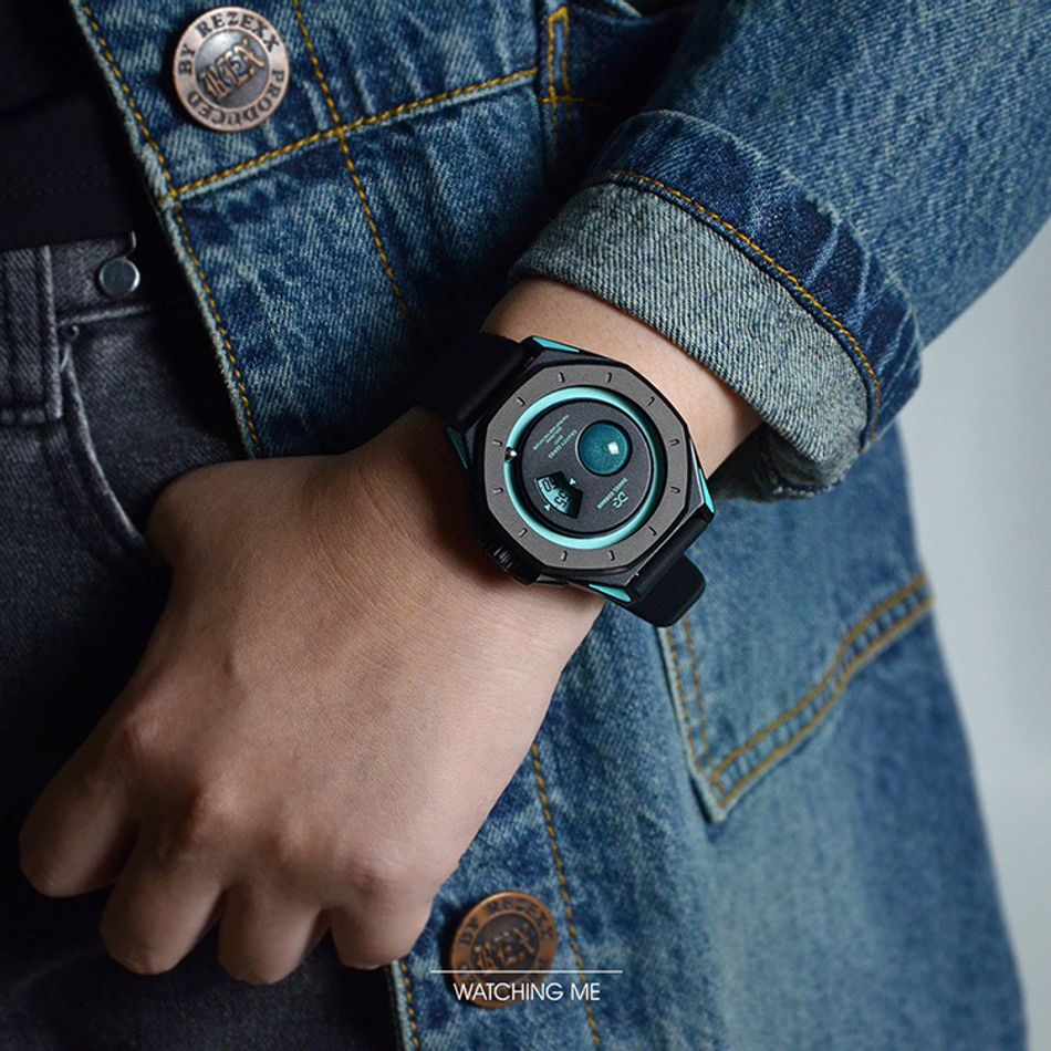 DANIEL GORMAN ｜萬有引力系列 DG0132KU ｜天王星款 水藍色+黑色框 黑色矽膠錶帶配戴參考