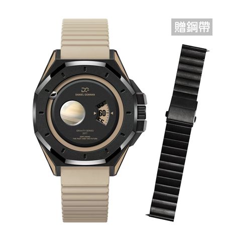 DANIEL GORMAN ｜萬有引力系列 DG0132KB ｜土星款 卡其色+黑框 卡其色矽膠錶帶正面
