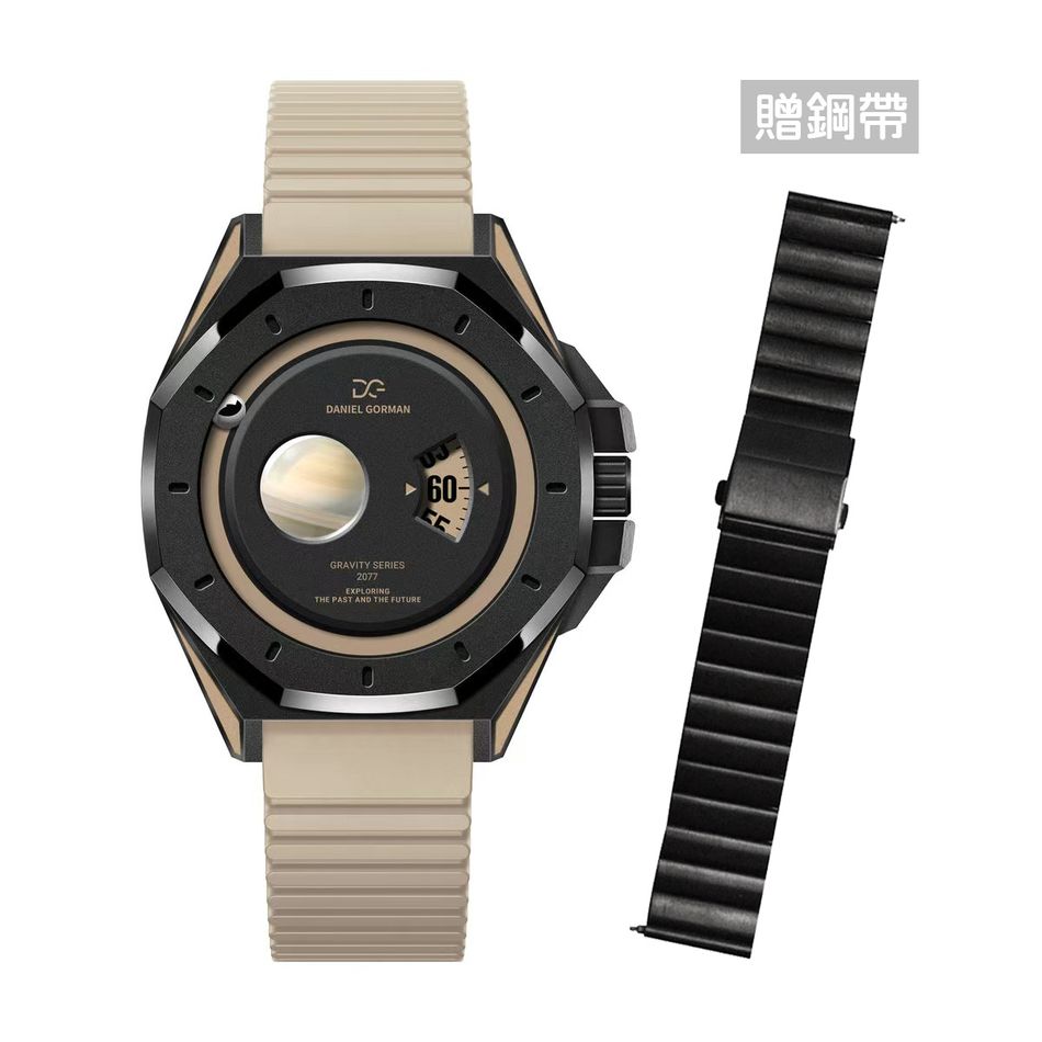 DANIEL GORMAN ｜萬有引力系列 DG0132KB ｜土星款 卡其色+黑框 卡其色矽膠錶帶正面