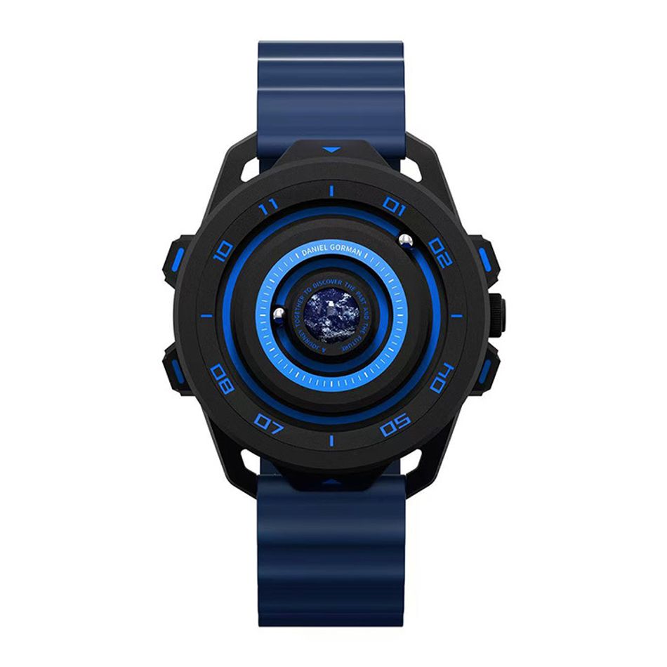 DANIEL GORMAN ｜萬有引力系列 DG0525KU ｜地球款 磁吸指針 黑色框 深藍色矽膠錶帶正面