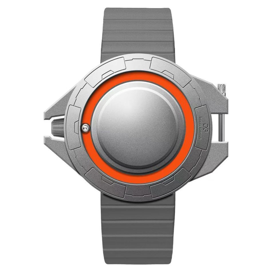 DANIEL GORMAN ｜DG0133SY｜灰+橘 磁吸指針 滑蓋宇宙太空船造型 矽膠錶帶正面