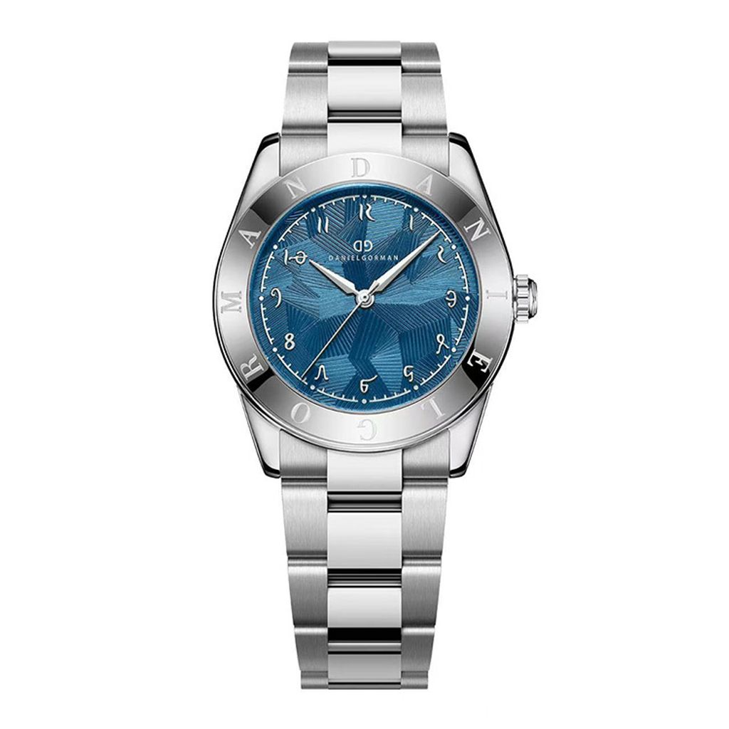 DANIEL GORMAN ｜多巴胺系列 DG9036SU｜銀框藍面 不規則紋路 銀色不鏽鋼錶帶正面