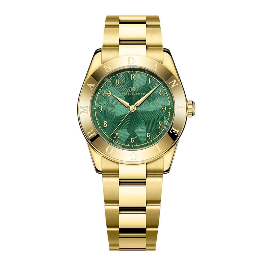 DANIEL GORMAN ｜多巴胺系列 DG9036YG｜金框綠面 不規則紋路 金色不鏽鋼錶帶正面