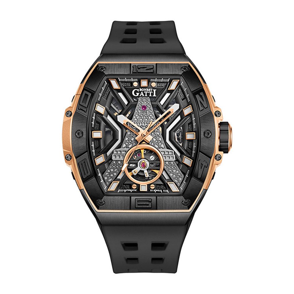 BONEST  GATTI 布加迪 | 王者裝置系列 BG9970-A3 | 黑玫瑰金款 巴黎鐵塔造型面盤 氟橡膠錶帶 自動上鍊機械腕錶 正面
