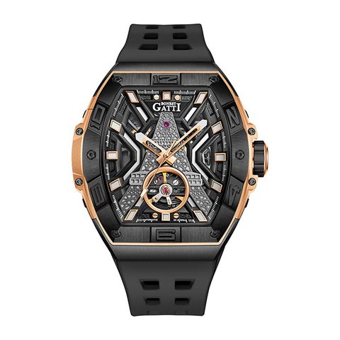 BONEST  GATTI 布加迪 | 王者裝置系列 BG9970-A3 | 黑玫瑰金款 巴黎鐵塔造型面盤 氟橡膠錶帶 自動上鍊機械腕錶 正面
