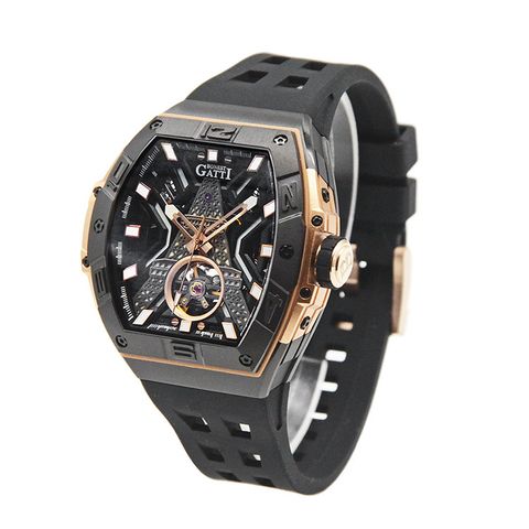 BONEST  GATTI 布加迪 | 王者裝置系列 BG9970-A3 | 黑玫瑰金款 巴黎鐵塔造型面盤 氟橡膠錶帶 自動上鍊機械腕錶 側面