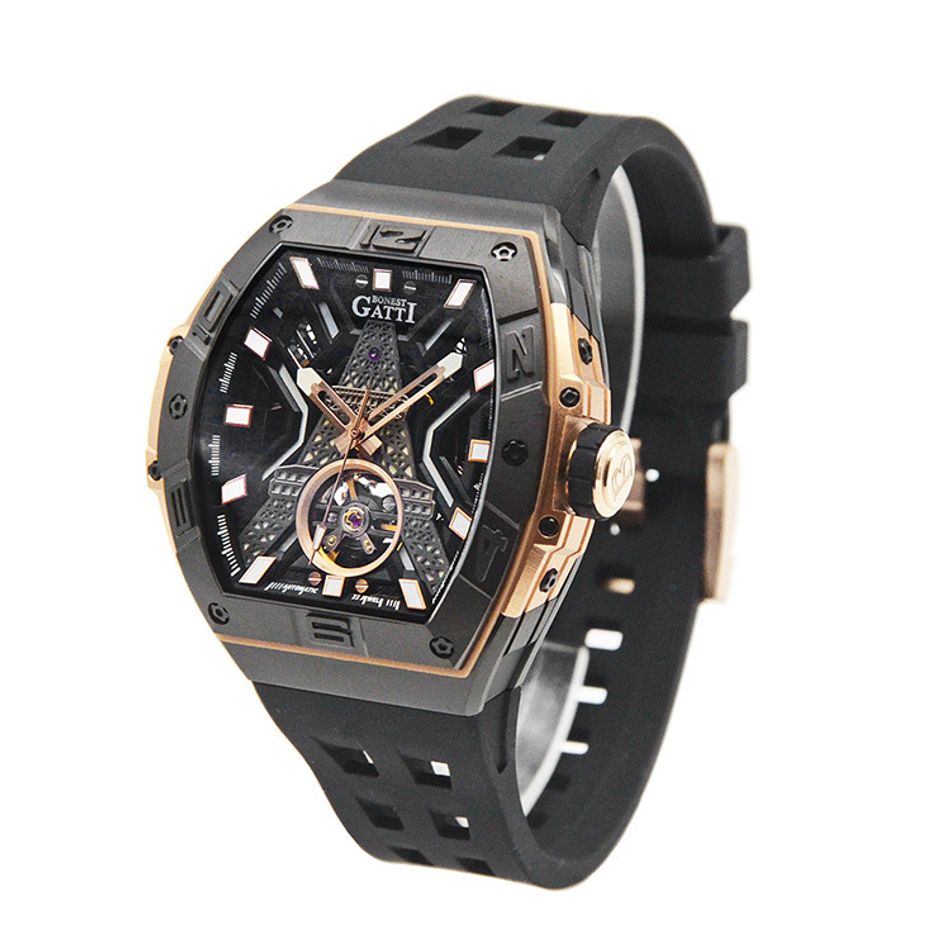 BONEST  GATTI 布加迪 | 王者裝置系列 BG9970-A3 | 黑玫瑰金款 巴黎鐵塔造型面盤 氟橡膠錶帶 自動上鍊機械腕錶 側面