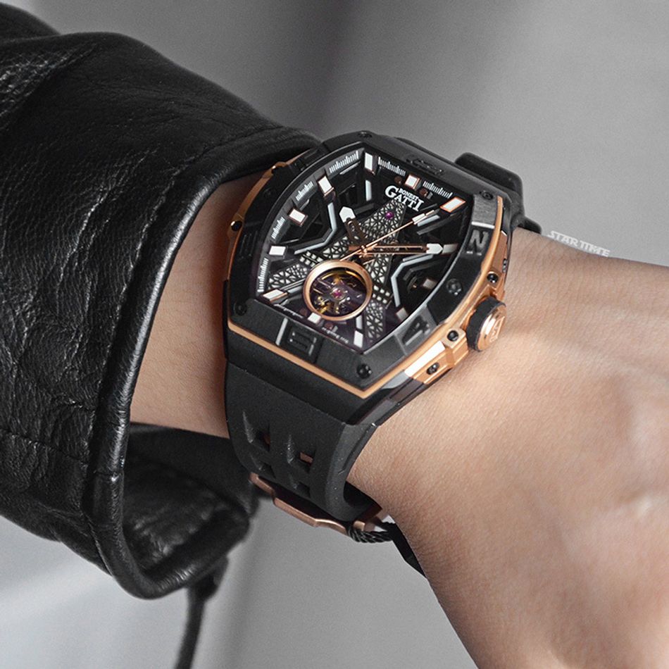 BONEST  GATTI 布加迪 | 王者裝置系列 BG9970-A3 | 黑玫瑰金款 巴黎鐵塔造型面盤 氟橡膠錶帶 自動上鍊機械腕錶實戴參考