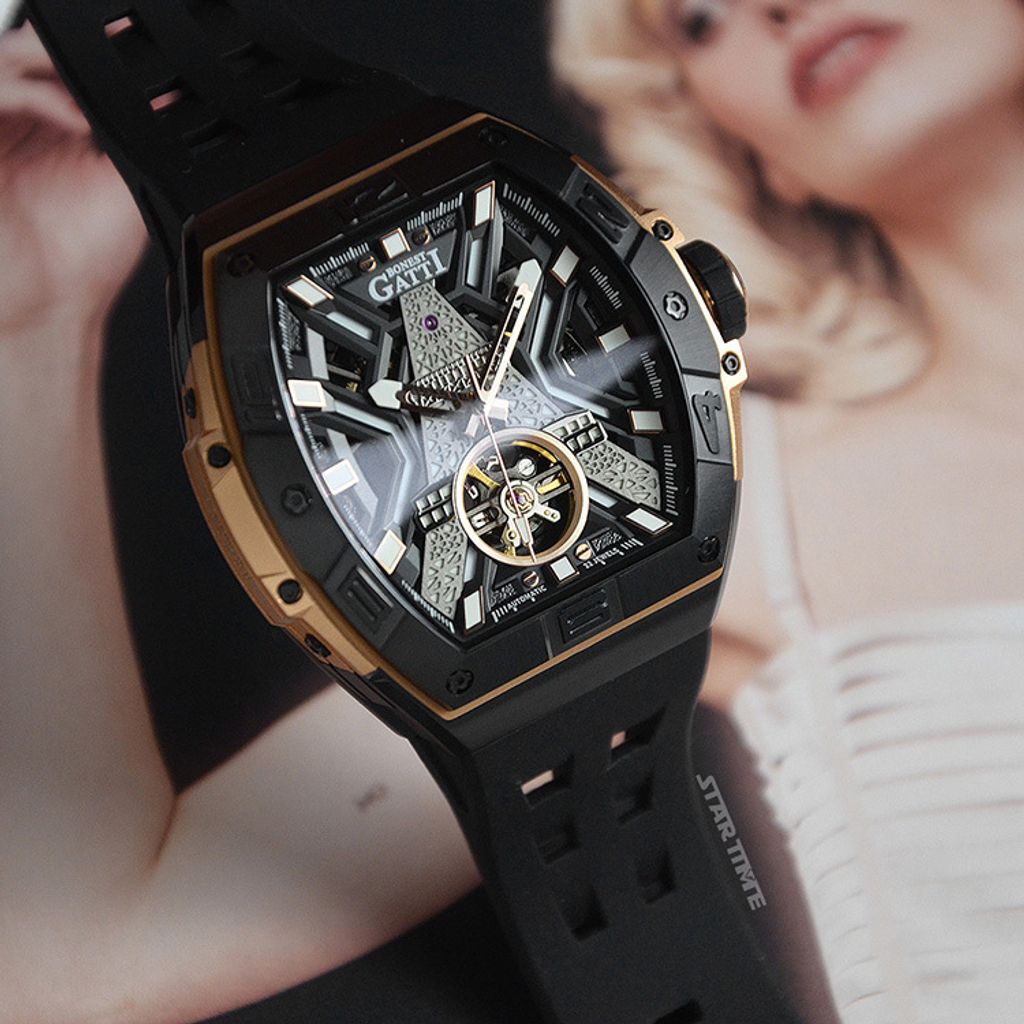 BONEST  GATTI 布加迪 | 王者裝置系列 BG9970-A3 | 黑玫瑰金款 巴黎鐵塔造型面盤 氟橡膠錶帶 自動上鍊機械腕錶左側細節