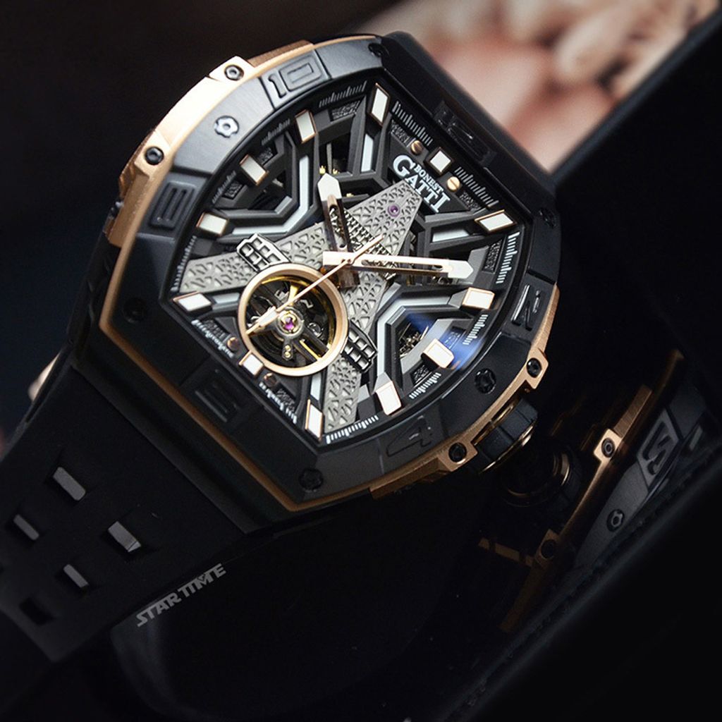 BONEST  GATTI 布加迪 | 王者裝置系列 BG9970-A3 | 黑玫瑰金款 巴黎鐵塔造型面盤 氟橡膠錶帶 自動上鍊機械腕錶錶面細節